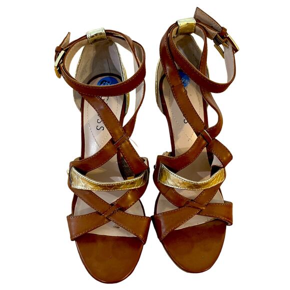 Guess Stiletto Womens Brown and Gold Snakeskin Heels Ankle Strap Size 6.5 - Picture 2 of 6
